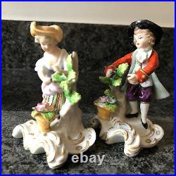A Pair of German Sitzendorf Porcelain Figurines Boy & Girl With Flower Baskets
