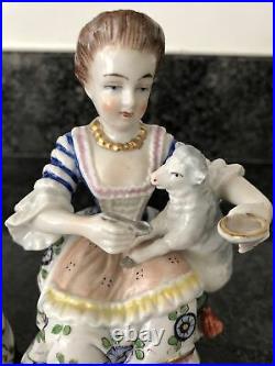 A Pair of German Sitzendorf Porcelain Figurines Boy & Girl With Lambs. VGC
