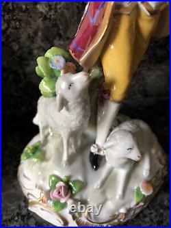 A Pair of German Sitzendorf Porcelain Figurines Lady & Man With Lambs & Dog. VGC