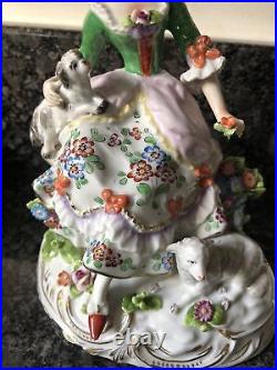 German Sitzendorf Porcelain Pair Of Figurines Lady & Man With Lambs & Dog. VGC