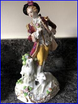 German Sitzendorf Porcelain Pair Of Figurines Lady & Man With Lambs & Dog. VGC